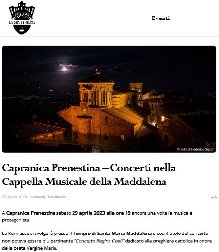 Capranica Prenestina  Concerti nella Cappella Musicale della Maddalena